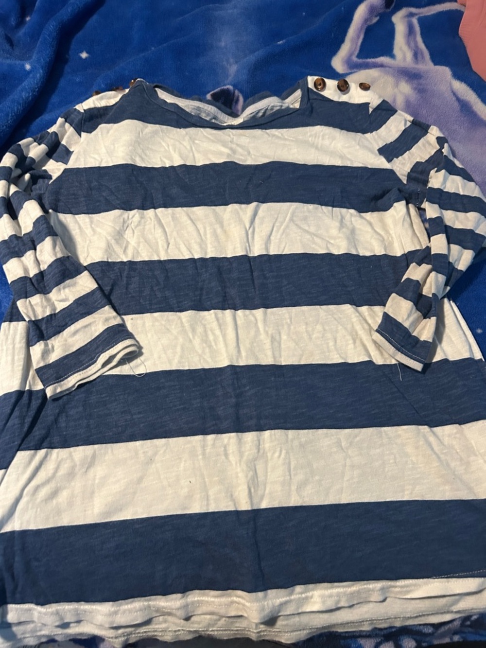 Maurices Blue and White Striped Long Sleeve Tee with Shoulder Buttons